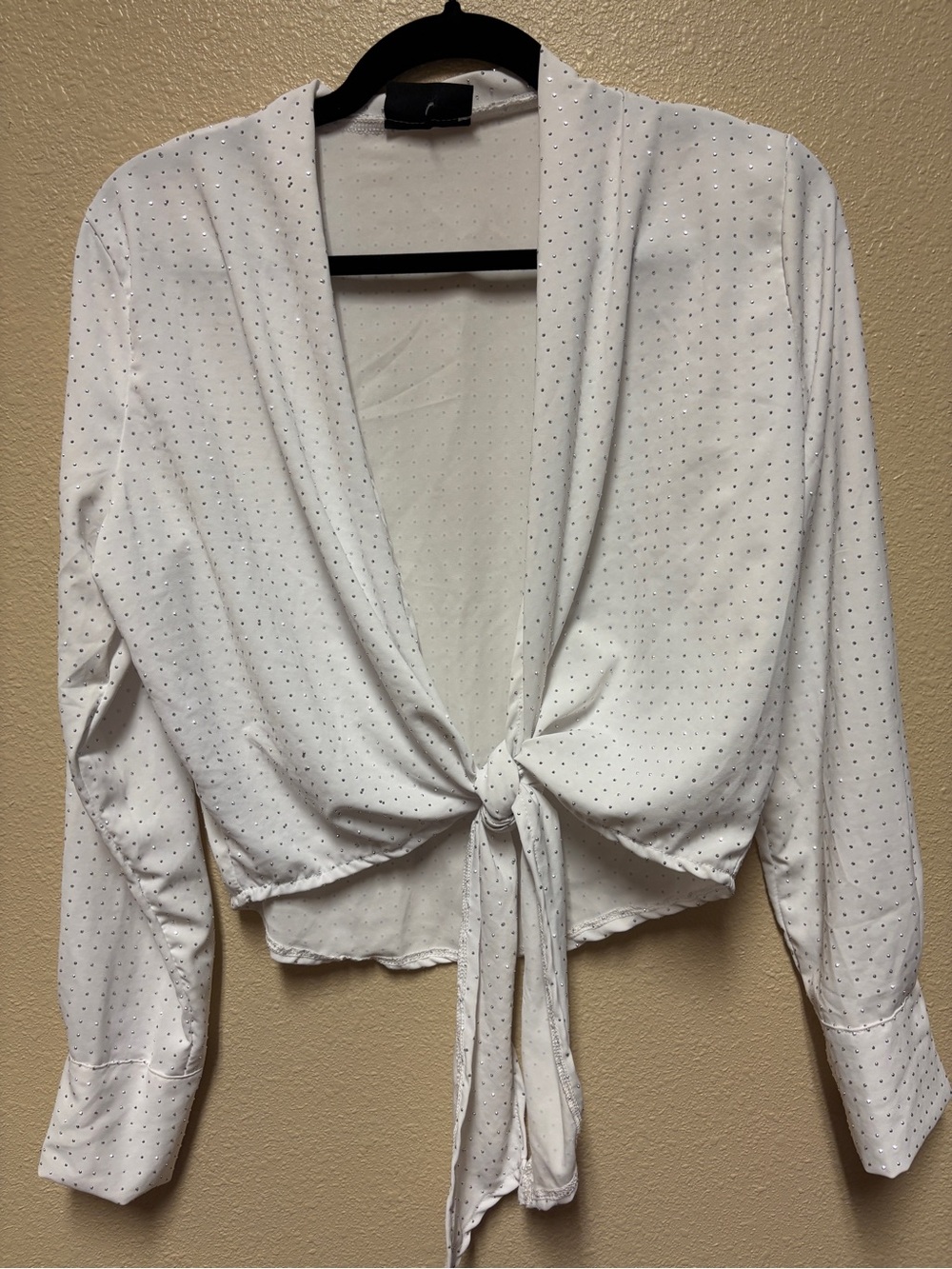 Jolie White Tie-Front Blouse with Micro Dot Pattern
